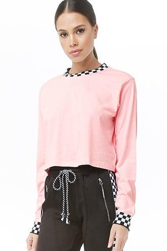 Forever21 Checkered-trim Long-sleeve Tee