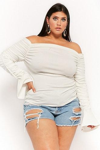 Forever21 Plus Size Ruched Off-the-shoulder Trumpet-sleeve Top