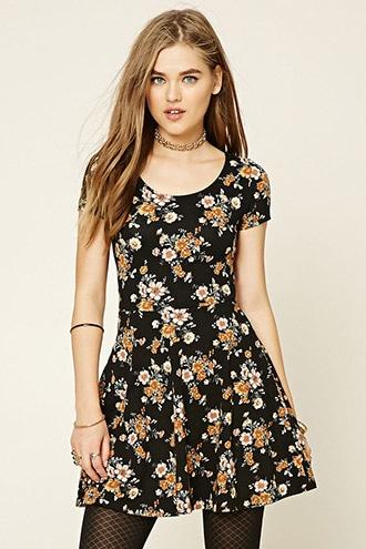 Forever21 Women's  Black & Rust Floral Skater Dress