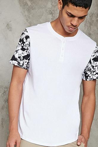 21 Men Men's  Floral-sleeve Henley Tee