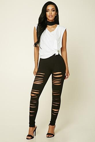 Forever21 Women's  Black Ripped Stretch-knit Leggings