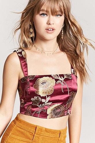 Forever21 Floral Embroidered Satin Crop Top