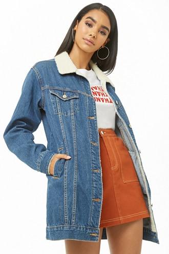 Forever21 Faux Shearling Longline Denim Jacket