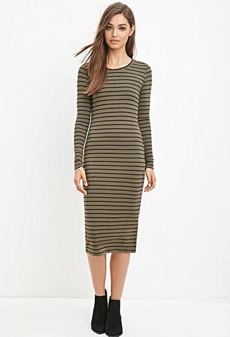 Forever21 Women's Striped Midi Dress (olive/black)