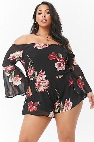Forever21 Plus Size Sheer Floral Chiffon Off-the-shoulder Romper