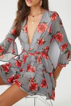 Forever21 Chiffon Floral & Striped Trumpet-sleeve Romper