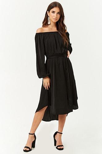 Forever21 Off-the-shoulder Satin Peasant Dress