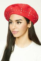 Forever21 Women's  Red & Silver Studded Woolen Beret