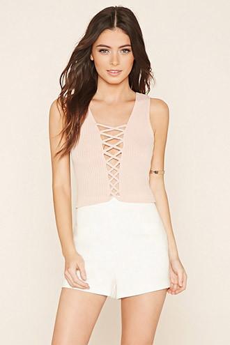 Forever21 Women's  Blush Strappy Ribbed Crop Top