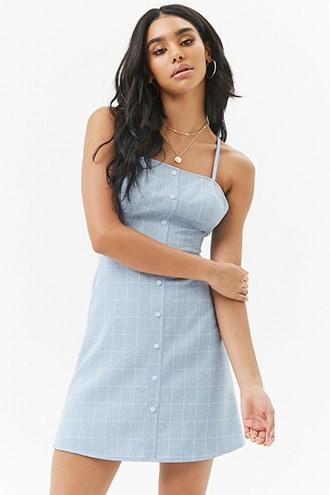 Forever21 Slub Woven Grid Button-front Mini Dress