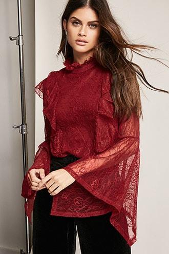 Forever21 12x12 Ruffled Lace Trumpet- Sleeve Top