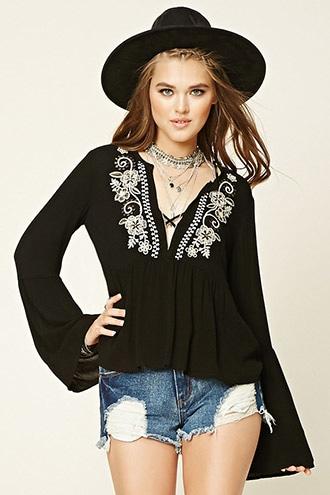 Forever21 Women's Black Floral Peasant Top