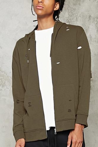 21 Men Men's  Taupe Distressed Zip-up Hoodie