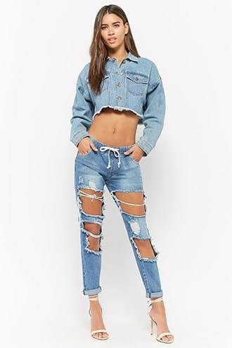 Forever21 Distressed Drawstring Ankle Jeans