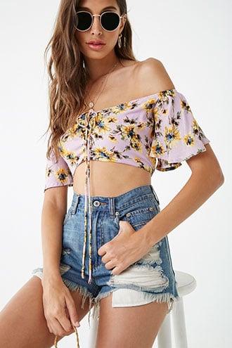 Forever21 Floral Lace-up Crop Top