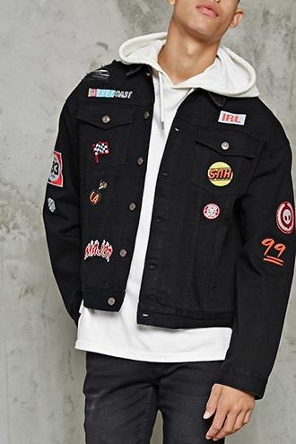 21 Men Men's  Distressed Patched Denim Jacket