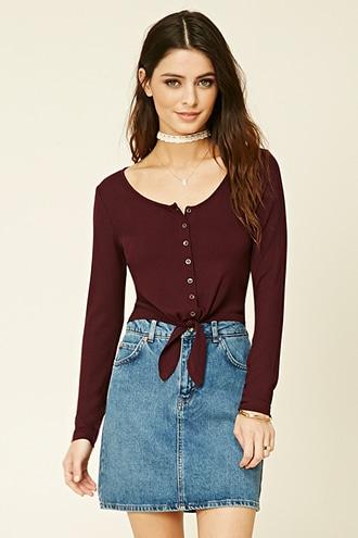Forever21 Women's  Wine Tie-hem Ribbed Top