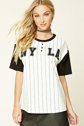 Forever21 Women's  Ny La Striped Baseball Tee