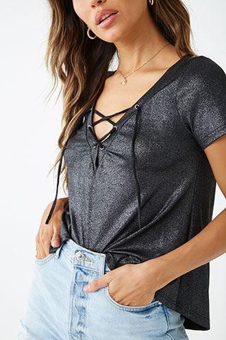 Forever21 Metallic Lace-up Tee