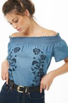 Forever21 Embroidered Chambray Off-the-shoulder Top