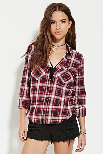 Forever21 Women's  Dark Navy & Red Tartan Plaid Shirt
