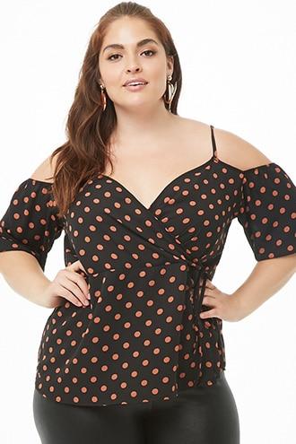 Forever21 Plus Size Sheer Polka Dot Open-shoulder Chiffon Top