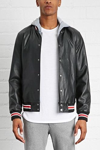 21 Men Men's  Black Hooded Faux Leather Jacket