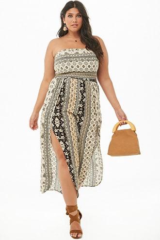 Forever21 Plus Size Crinkled Ornate Split-leg Tube Jumpsuit