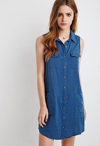 Forever21 Women's  Blue Pocket Shirt Dress