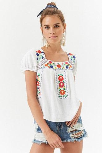 Forever21 Floral Embroidered Linen-blend Top