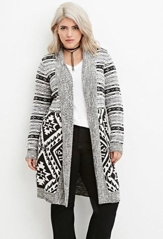 Forever21 Plus Women's  Cream & Black Plus Size Geo Pattern Cardigan