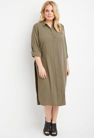 Forever21 Plus Women's  Longline High-slit Tunic (olive)