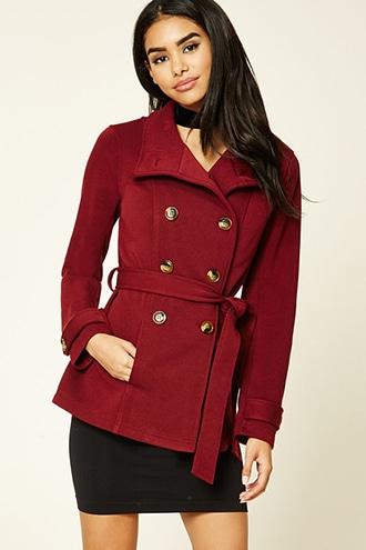 Forever21 Women's  Burgundy Funnel Neck Belted Jacket