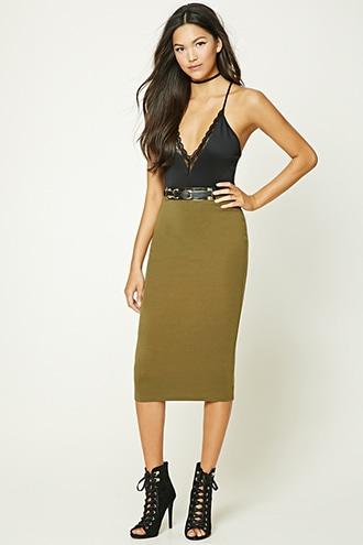 Forever21 Women's  Olive Midi Stretch-knit Skirt