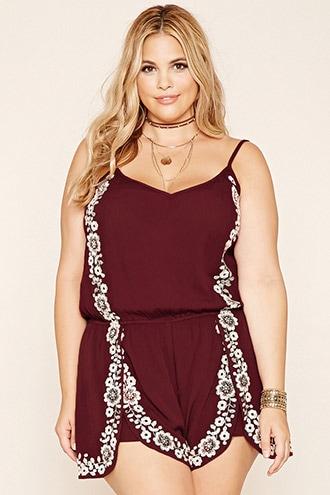 Forever21 Plus Women's  Burgundy & Cream Plus Size Embroidered Romper