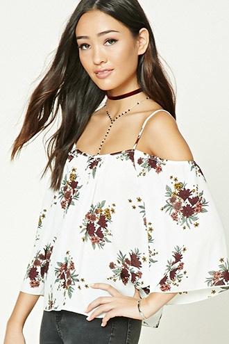 Forever21 Women's  Ivory & Wine Floral Print Open-shoulder Top