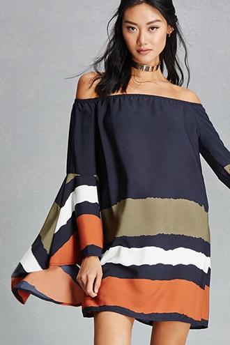 Forever21 Women's  Navy & Olive Striped Off-the-shoulder Dress