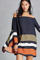 Forever21 Women's  Navy & Olive Striped Off-the-shoulder Dress