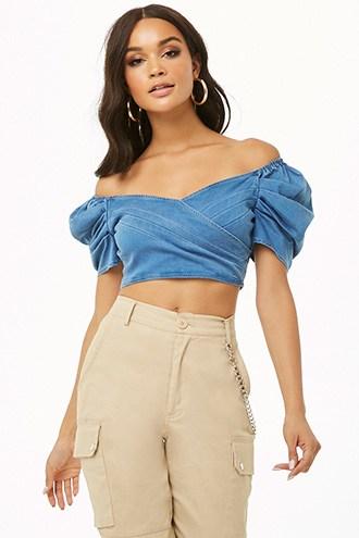 Forever21 Chambray Puff Sleeve Crop Top