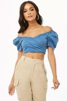 Forever21 Chambray Puff Sleeve Crop Top