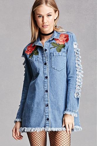 Forever21 Frayed Embroidered Denim Dress
