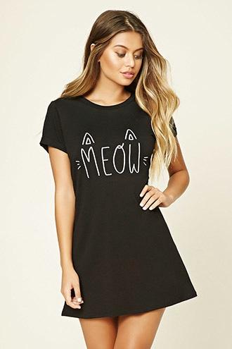 Forever21 Women's  Black & Cream Meow Graphic Nightdress