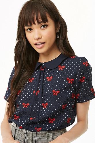 Forever21 Keyhole Bow Print Polka Dot Top