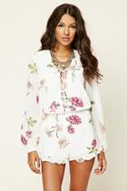 Forever21 Women's  Cream & Pink Lace-up Floral Print Romper