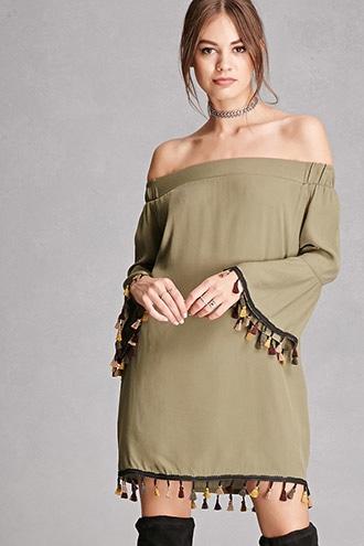 Forever21 Women's  Olive Off-the-shoulder Shift Dress
