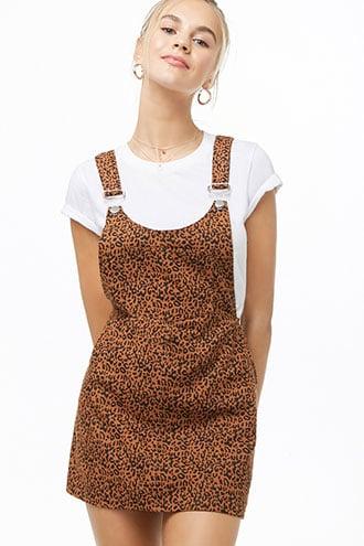 Forever21 Denim Leopard Print Overall Dress