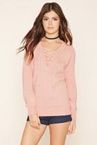 Forever21 Women's  Dusty Pink Lace-up Knit Sweater