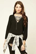 Forever21 Women's  Black V-neck Lace-up Blouse