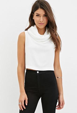 Forever21 Women's  Cowl Neck Crop Top (cream)