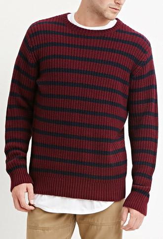 21 Men Men's  Burgundy & Navy Striped Cotton-blend Sweater